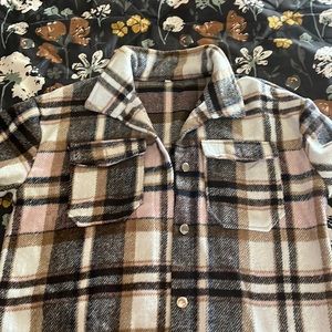 Cotton and poly. Lightweight Shacket. Blush, grey, black, tan and cream.